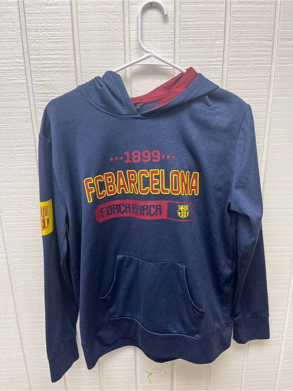 FC Barcelona FCB Youth XL Hoodie Navy Blue Mesh Lined Hood Soccer Futbol Kids
